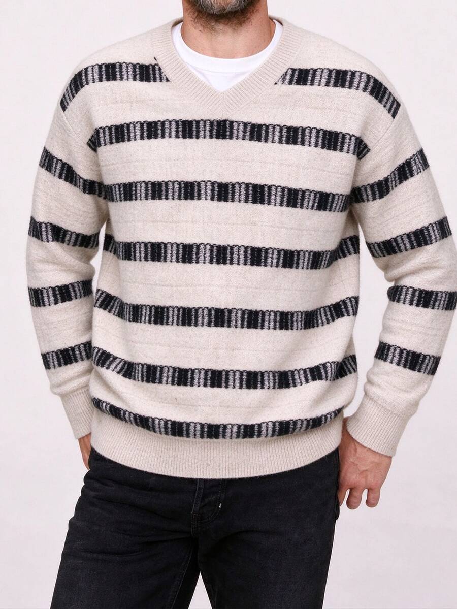 Manfinity CasualKnits 男士極簡時尚條紋拼接配色長袖針織衫 - 彩色 - 查看 1
