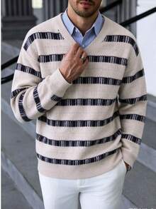 Manfinity CasualKnits 男士極簡時尚條紋拼接配色長袖針織衫 - 彩色 - 查看 4