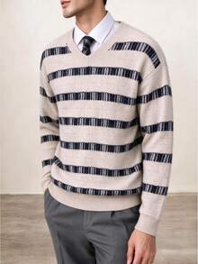Manfinity CasualKnits 男士極簡時尚條紋拼接配色長袖針織衫 - 彩色 - 查看 6