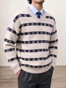 Manfinity CasualKnits 男士極簡時尚條紋拼接配色長袖針織衫 - 彩色 - 查看 3
