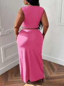 Veslaya Plus Size Summer Sexy Solid Color Twist Tank Top And High Slit Bodycon Skirt 2-Piece Set - Hot Pink - View 2