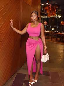 Veslaya Plus Size Summer Sexy Solid Color Twist Tank Top And High Slit Bodycon Skirt 2-Piece Set - Hot Pink - View 1