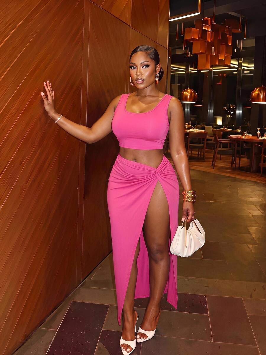 Veslaya Plus Size Summer Sexy Solid Color Twist Tank Top And High Slit Bodycon Skirt 2-Piece Set - Hot Pink - View 1