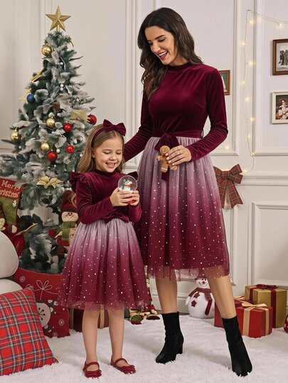 SHEIN Young Girls Dresses Christmas Plush Princess Dress Red Cute Round Neck Patchwork Plush Fabric A-Line Dress Waist Bow Star Sequins Tulle Dress Short Flutter Sleeves