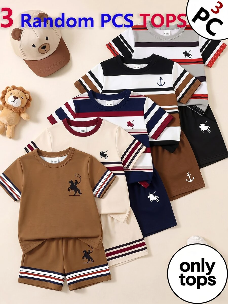 Random 3pcs Business Elegant Handsome Combination Set, Summer Outing Preferred Simple Letter Print Pattern Navy Blue T-Shirt - White - View 1
