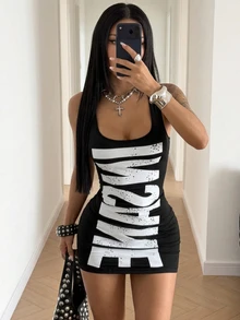 StreetHx Women's Square Neck Tank Style English Print Sexy Dress - Black - View 1
