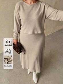 Auralis Plus Size Women Solid Color Round Neck Long Sleeve T-Shirt And Skirt Casual 2 Pieces Set/Comfortable Loungewear Set / Casual Two Pieces Set - Apricot - View 2