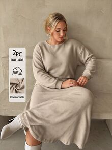 Auralis Plus Size Women Solid Color Round Neck Long Sleeve T-Shirt And Skirt Casual 2 Pieces Set/Comfortable Loungewear Set / Casual Two Pieces Set - Apricot - View 4