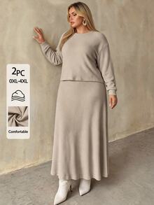 Auralis Plus Size Women Solid Color Round Neck Long Sleeve T-Shirt And Skirt Casual 2 Pieces Set/Comfortable Loungewear Set / Casual Two Pieces Set - Apricot - View 7
