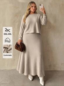 Auralis Plus Size Women Solid Color Round Neck Long Sleeve T-Shirt And Skirt Casual 2 Pieces Set/Comfortable Loungewear Set / Casual Two Pieces Set - Apricot - View 1