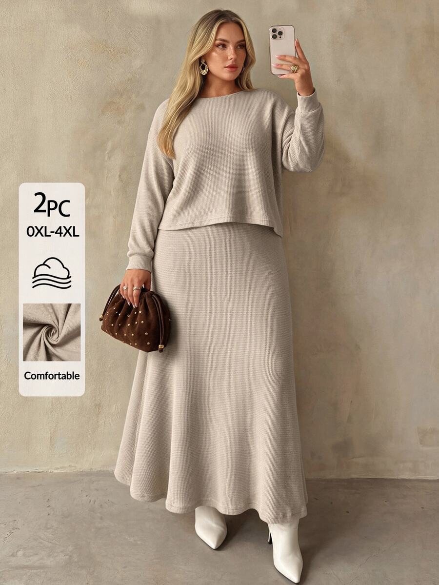 Auralis Plus Size Women Solid Color Round Neck Long Sleeve T-Shirt And Skirt Casual 2 Pieces Set/Comfortable Loungewear Set / Casual Two Pieces Set - Apricot - View 1