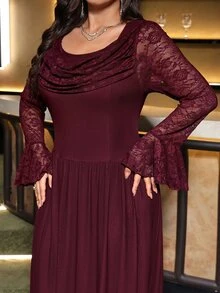 Reflora Plus Size Elegant Pleated Lace Dress Wedding Party Dinner Burgundy Autumn - Burgundy - View 7