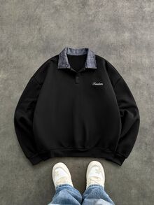 COMVAIL Men's Casual Pullover Sweatshirt, Black, Plus Size, Embroidered Collar, Spring/Autumn Men Sweatshirts( - Black - View 1
