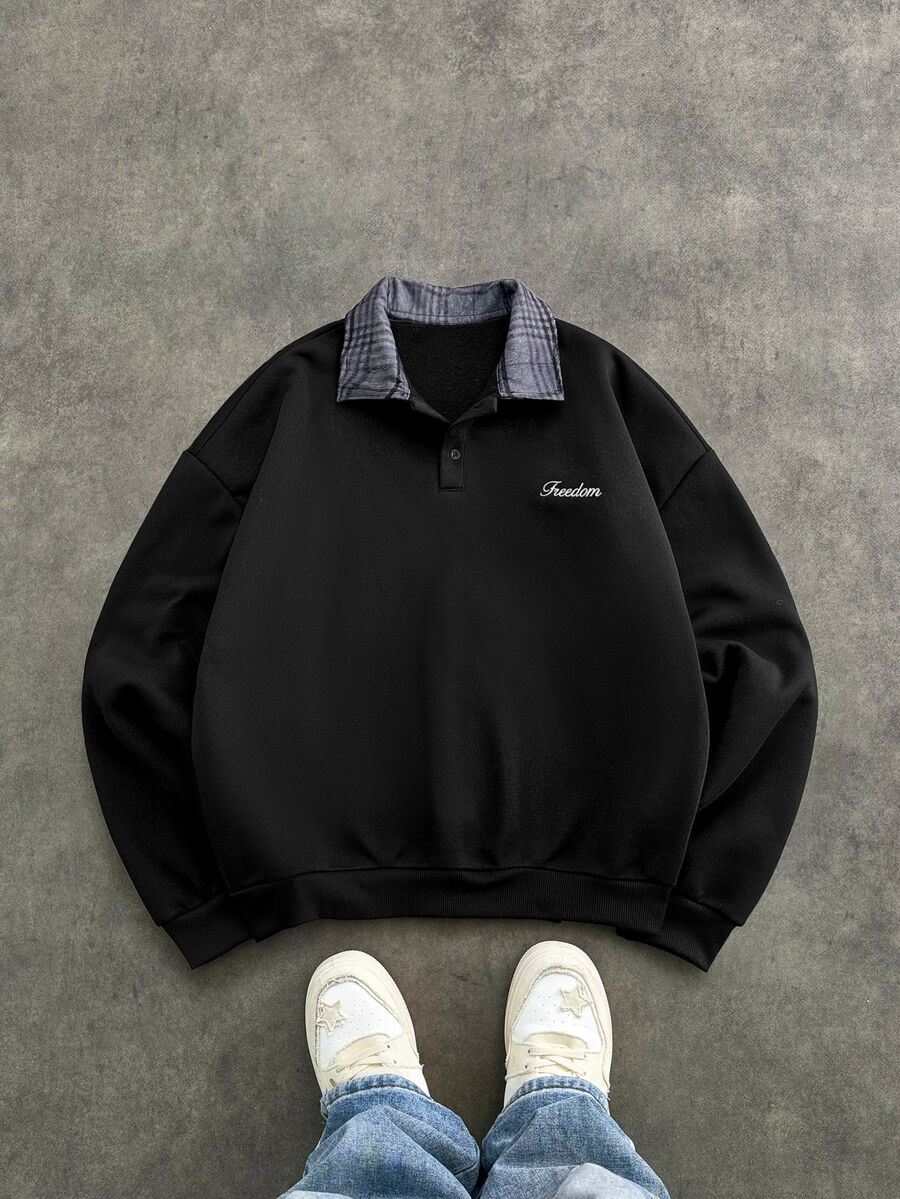 COMVAIL Men's Casual Pullover Sweatshirt, Black, Plus Size, Embroidered Collar, Spring/Autumn Men Sweatshirts( - Black - View 1