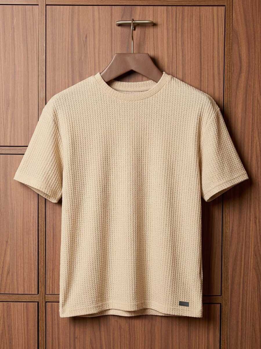 COMVAIL Men's Plus Size Waffle Knit Crew Neck Short Sleeve Casual T-Shirt Vacation Holiday Beige Summer - Apricot - View 1
