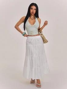 SHEIN PETITE تنورة كاجوال نسائية بلون موحد مع ربطة خصر وكشكشة متعددة الطبقات - أبيض - مشاهدة 6