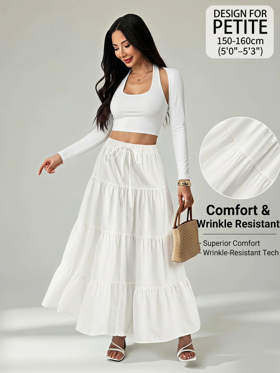 SHEIN PETITE تنورة كاجوال نسائية بلون موحد مع ربطة خصر وكشكشة متعددة الطبقات - أبيض - مشاهدة 1
