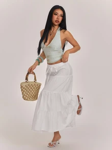 SHEIN PETITE تنورة كاجوال نسائية بلون موحد مع ربطة خصر وكشكشة متعددة الطبقات - أبيض - مشاهدة 8