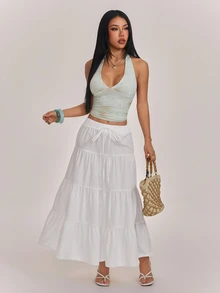 SHEIN PETITE تنورة كاجوال نسائية بلون موحد مع ربطة خصر وكشكشة متعددة الطبقات - أبيض - مشاهدة 5