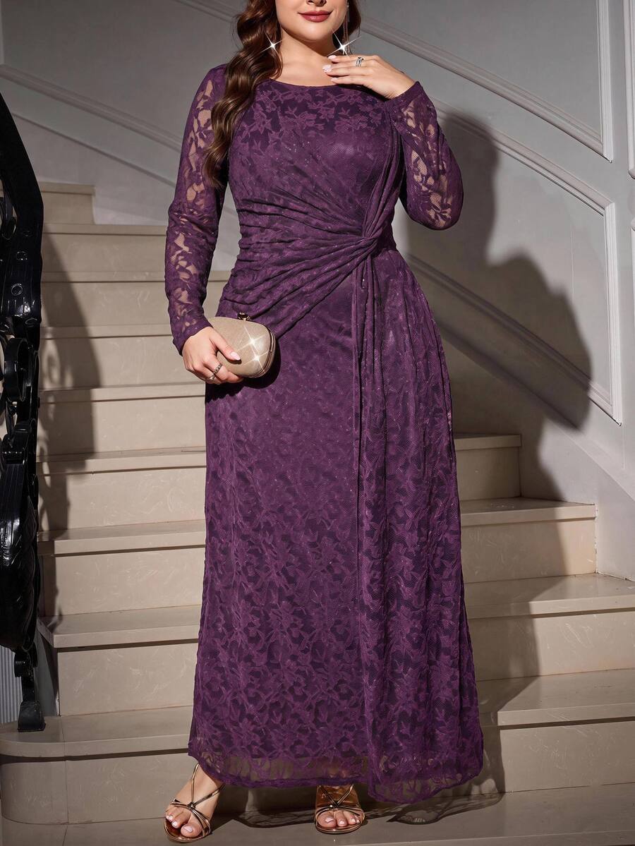 Reflora Plus Size Elegant Formal Solid Color Lace Party Formal Dinner Evening Dress Autumn Wedding Purple