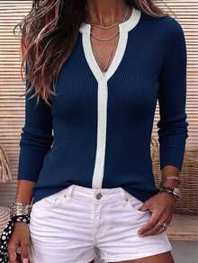 Holdful Holdful Women Color Block Ribbed Knit Top Long Sleeve VNeck Contrast Trim Slim Fit Casual Blouse - Multicolor - View 1