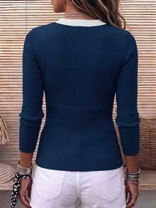 Holdful Holdful Women Color Block Ribbed Knit Top Long Sleeve VNeck Contrast Trim Slim Fit Casual Blouse - Multicolor - View 2