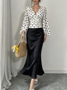 SHEIN Raffinéa Women's 2 Pieces Set Elegant Vintage French Polka Dot Ruched V-Neck Chiffon Blouse Print Sleeves Fitted Skirt For Spring Summer Autumn Brunch - Multicolor - View 1