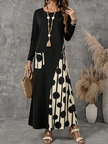 Yunfilé Round Neck Autumn Casual Dress With Patchwork, Pockets And Polka Dot Print - Black - View 5