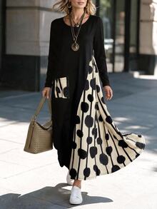 Yunfilé Round Neck Autumn Casual Dress With Patchwork, Pockets And Polka Dot Print - Black - View 6