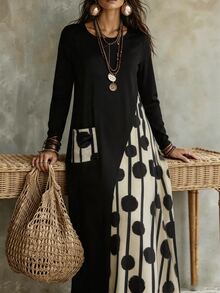 Yunfilé Round Neck Autumn Casual Dress With Patchwork, Pockets And Polka Dot Print - Black - View 1