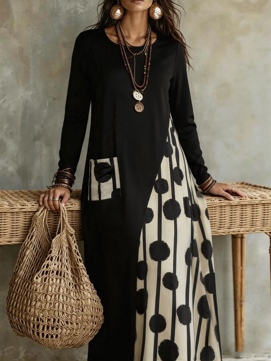 Yunfilé Round Neck Autumn Casual Dress With Patchwork, Pockets And Polka Dot Print - Black - View 1