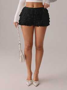 SHEIN SXY White Lace Ruffled Hem Low-Waist Shorts,Micro Shorts Black Ruffle Shorts Lace Shorts Ruffle Lace Shorts Black Lace Ruffle Shorts Black Lace Shorts - Black - View 6