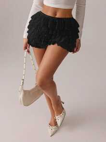 SHEIN SXY White Lace Ruffled Hem Low-Waist Shorts,Micro Shorts Black Ruffle Shorts Lace Shorts Ruffle Lace Shorts Black Lace Ruffle Shorts Black Lace Shorts - Black - View 7