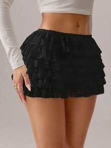 SHEIN SXY White Lace Ruffled Hem Low-Waist Shorts,Micro Shorts Black Ruffle Shorts Lace Shorts Ruffle Lace Shorts Black Lace Ruffle Shorts Black Lace Shorts - Black - View 8