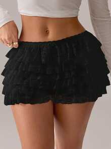 SHEIN SXY White Lace Ruffled Hem Low-Waist Shorts,Micro Shorts Black Ruffle Shorts Lace Shorts Ruffle Lace Shorts Black Lace Ruffle Shorts Black Lace Shorts - Black - View 2