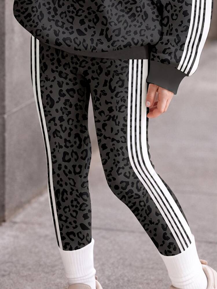 Vintage Fashion Leopard Print Colorblock Striped, Young Girl Casual Loose Hoodie Long Sleeve Sweatshirt & Slim Fit Long Pants 2 Pieces Set, Suitable For Autumn/Winter Daily Wear, Outings, Campus, Sports, Homecoming, Back To School - Multicolor - View 3