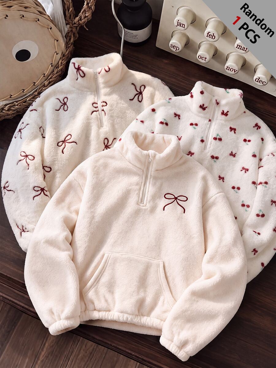 Girls' Knitted Solid Color Embroidered Bow Plush Stand Collar Half-Zip Loose Casual Long Sleeve Sweatshirt, Autumn/Winter - White - View 1