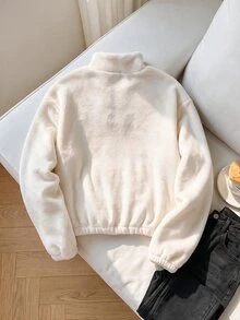 女童針織純色刺繡蝴蝶結毛絨立領半拉鍊寬鬆休閒長袖衛衣，秋冬款 - 白色 - 查看 5