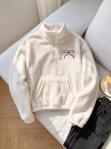女童針織純色刺繡蝴蝶結毛絨立領半拉鍊寬鬆休閒長袖衛衣，秋冬款 - 白色 - 查看 1