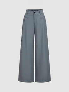 SHEIN MOD Grey Mid-Waist Slightly Wide Leg Long Suit Pants With Pockets - Grey - View 2