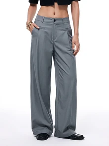SHEIN MOD Grey Mid-Waist Slightly Wide Leg Long Suit Pants With Pockets - Grey - View 3