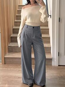 SHEIN MOD Grey Mid-Waist Slightly Wide Leg Long Suit Pants With Pockets - Grey - View 1