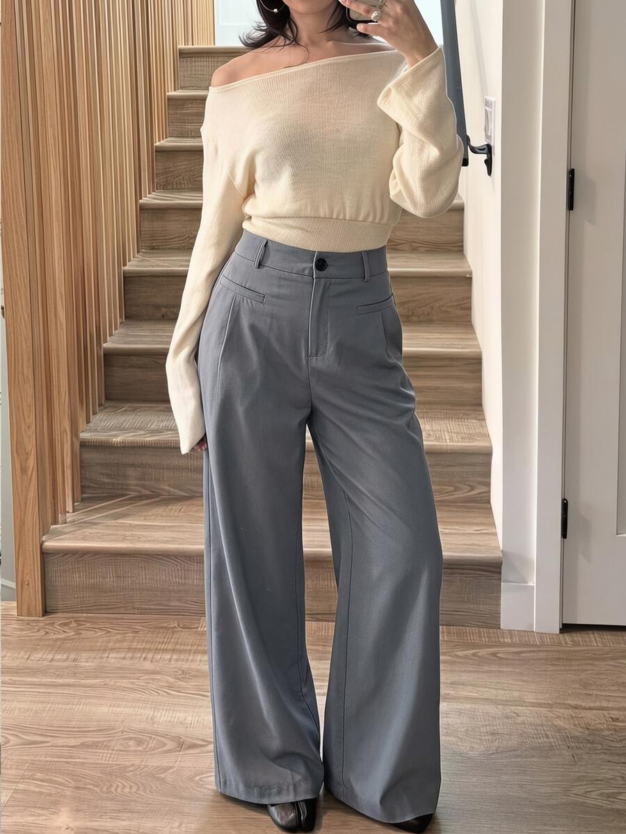 SHEIN MOD Grey Mid-Waist Slightly Wide Leg Long Suit Pants With Pockets - Grey - View 1