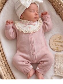 Kids Newborn Bow Ribbon Decor Colorblock Patchwork 3D Ruffle Trim Loose Thick Elastic Knit Autumn Romper, Suitable For Winter - Pink - View 3