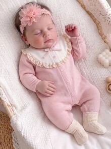 Kids Newborn Bow Ribbon Decor Colorblock Patchwork 3D Ruffle Trim Loose Thick Elastic Knit Autumn Romper, Suitable For Winter - Pink - View 1