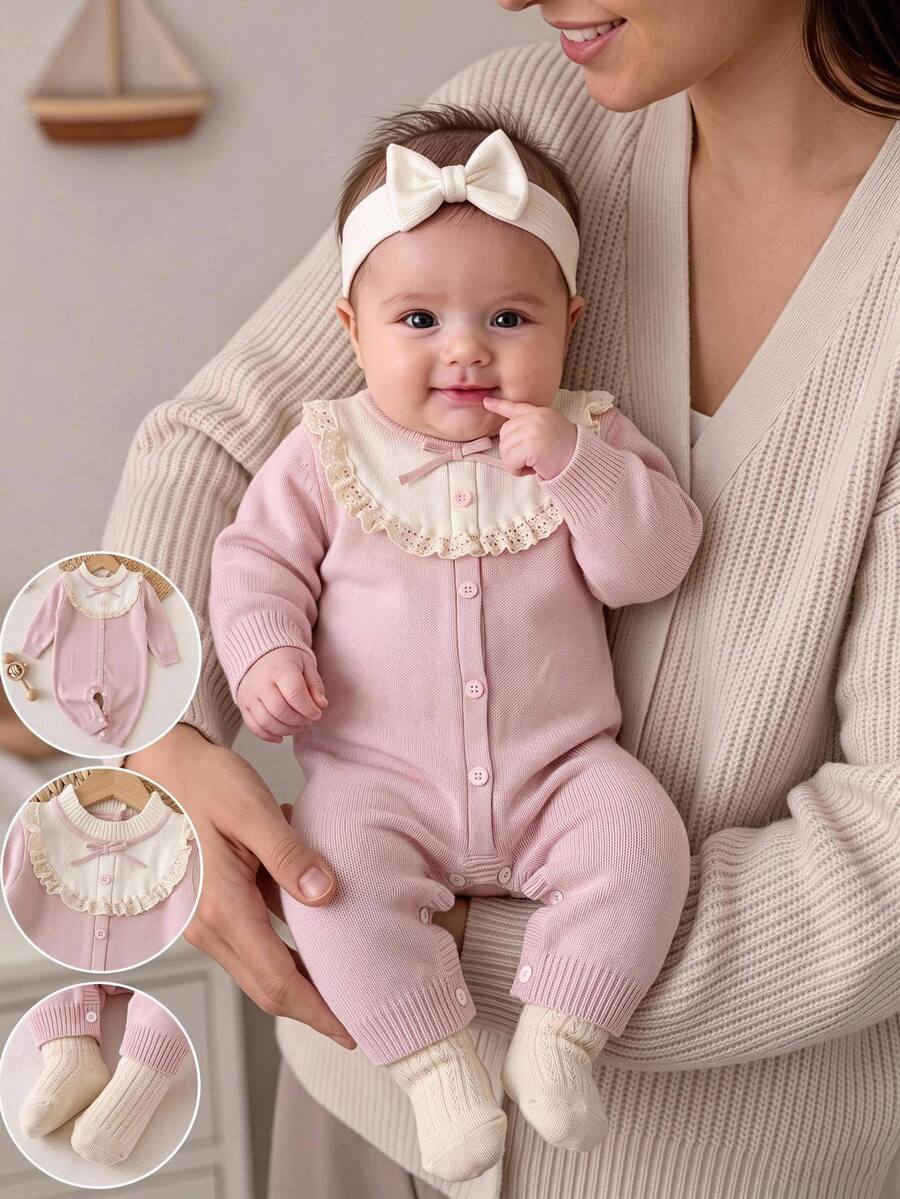 Kids Newborn Bow Ribbon Decor Colorblock Patchwork 3D Ruffle Trim Loose Thick Elastic Knit Autumn Romper, Suitable For Winter - Pink - View 1
