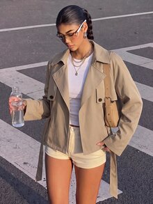 SHEIN Girlism 青少年女孩秋季寬鬆休閒極簡舒適收腰優雅短版時尚冬季外套，適合日常優雅通勤穿著 - 卡其色 - 查看 6
