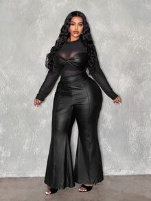 Veslaya Plus Size Casual Leather Look Long Flared Pants - Pink - View 5