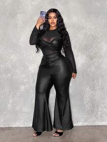 Veslaya Plus Size Casual Leather Look Long Flared Pants - Pink - View 6