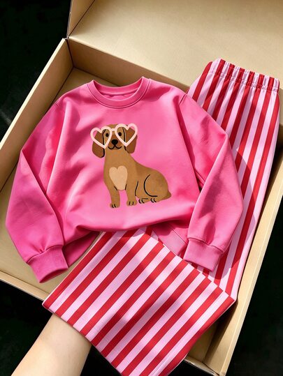 1 Set Young Girls Fall Outfits Cartoon Puppy Heart Glasses Polka Dot Print Crew Neck Sweatshirt & Wide Leg Pants
